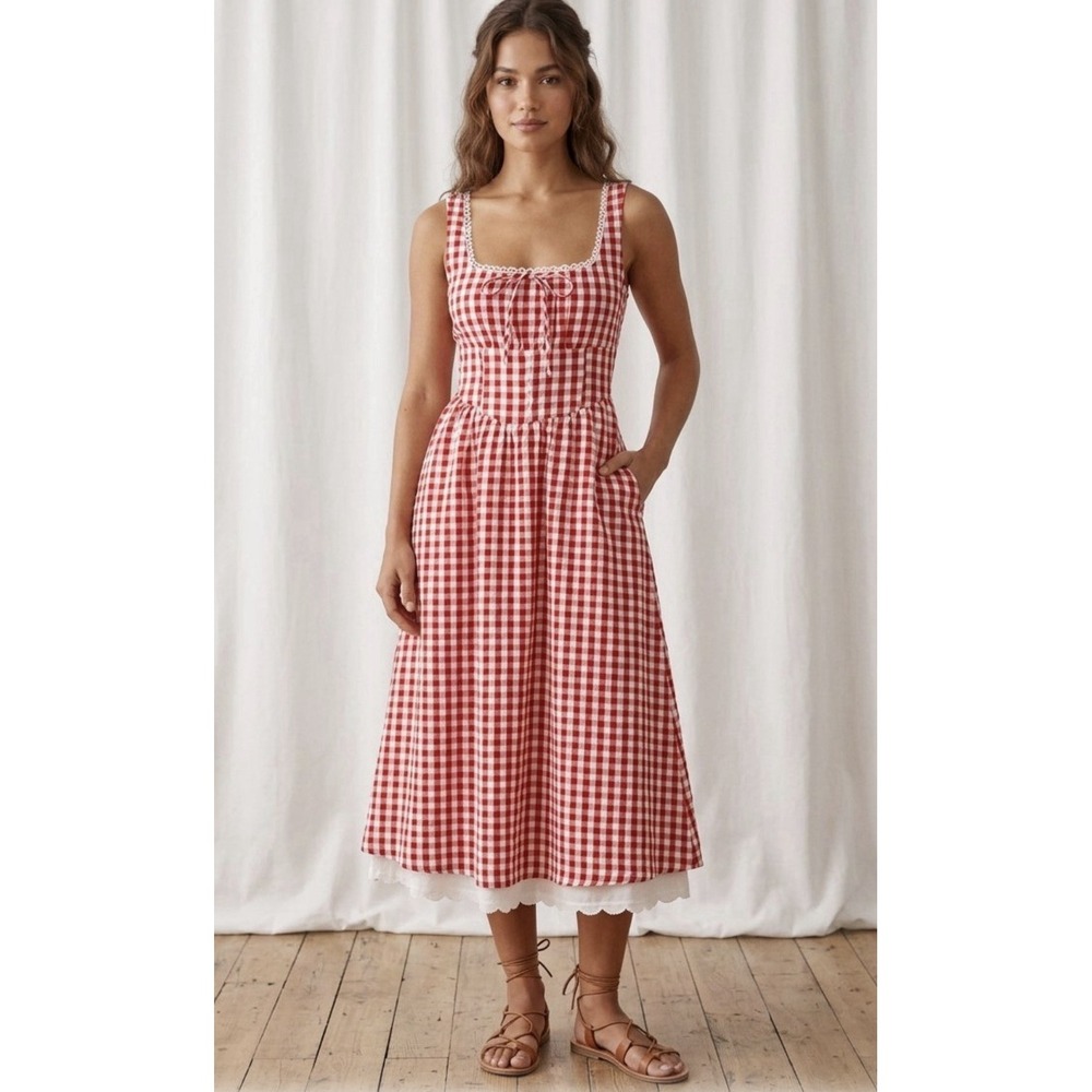 Jessica Simpson Red Gingham Midi Dress Sz S Cottagecore Picnic Milkmaid Sundress